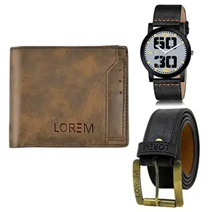 LOREM Mens Combo of Watch with Artificial Leather Wallet & Belt FZ-LR47-WL24-BL01