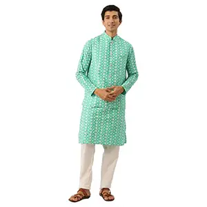 SOJANYA Men's Silk Blend Rama Green Kurta & Nehrujacket With White Pyjama Combo, Size: 44