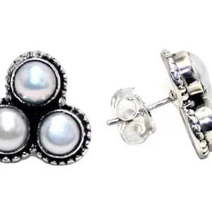 Rajasthan Gems Stud Earrings Tops 925 Sterling Silver Women Freshwater Pearl Gem Stone Handmade Gift H639