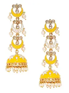 Fabula by OOMPH Jewellery Yellow Meenakari Enamel Floral Long Jhumka Earrings for Women & Girls