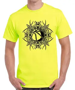 Caseria Men's Round Neck Cotton Half Sleeved T-Shirt with Printed Graphics - Tribal Basketball (Lemon Yellow, XXL)