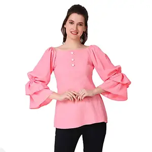 ModeMe Casual Printed Bell Sleeve Women Top (Small, Pink)
