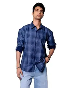 Gimaq Men's Blue Checked Oversized Reversible Corduroy Shirt | 100% Cotton | Casual Wear