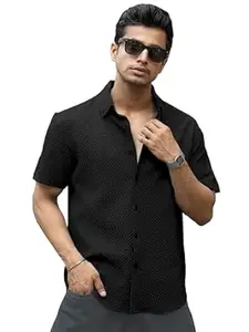WIZOON Shirt for Men | Half Sleeves | Men’s Black Textured | Cotton Blend Shirts | Casual Shirt's | Spread Collar | Short Sleeves | Regular Fit