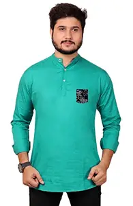 Made in The Shade Pure Cotton Men's Casual Short Kurta with Printed Pocket | Green | XS