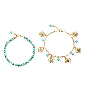 Young & Forever mothers day gift for mom Fashion Jewellery Elite Gold multistrand Turquoise Charm Bohemian Cubic Zirconia Fancy anklets for Women/Girls (Pack of 2) Payal for Girls and Women Anklets for Women