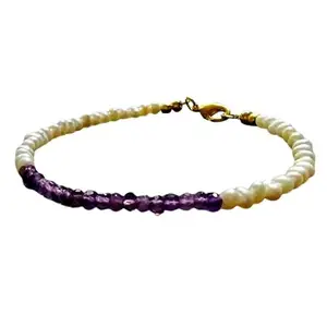 LKBEADS Amethyst & Fresh Water Pearl bracelet with Gold clasp - 3-3.5mm Rondelle beads- Faceted & Smooth Cut -7 Inch Bracelet– Healing, Fashion, Gift, Spiritual, Yoga|LK_STACK_06715