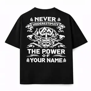 Crafted Signature Back Print Pure Cotton Graphic Print Round Neck Half Sleeves Fit Unisex T-Shirt Featuring Viking Warrior Design “Never Underestimate The Power Your Name”(BKP-06-TS-NEVER)