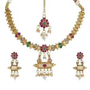 Mansiyaorange Necklace Jewellery Multi Kempu Stone Antique Gold MangTikka Choker Jualry Sets For Women
