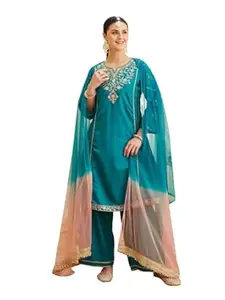 MOKOSH Women's Silk Embroidered Kurta with Palazzo and Soft Net Dupatta Set | Three-Piece Ethnic Suit for Festive