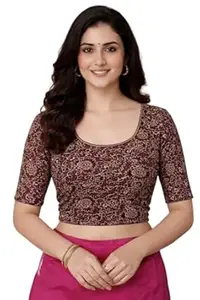 Amazon Brand - Anarva Women's Kalamkari Print Cotton Stretchable Round Neck Readymade Saree Blouse