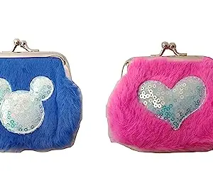 ANESHA Faux Fur Shiny Centre Design Cute Coin Purse Retro Money Pouch with Kiss-Lock Buckle Wallet Bag Card Holder for Women and Girls Pack of 2