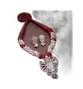 Red and White Crystal Oxidized Necklace Set with Beads for Bridal Wear and Wedding Occasions