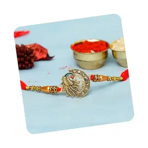 eCraftIndia Designer Peacock Rakhi for Brother | Raksha Bandhan Greeting Card | Roli Chawal Pack