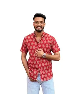 KEERRAZ Cotton Half Sleeve Premium Casual Shirt with Traditional Sanganeri Jaipuri Print for Office wear & Daily Use