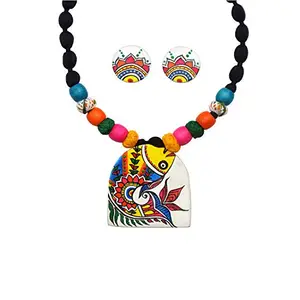Karukala Synthetic Clay Fabric Madhubani Mithila Art Fish painting Fully Handcrafted Necklace and Ear Ring Jewellery sets For Women and Girls (Color Multi,Size:Free)