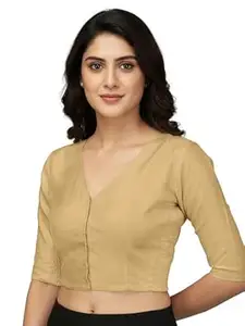 Mehrang V-Neck Taffeta 3/4 Sleeves, Front Hook Closure with Smocked Side Panel, Full Back Covered Readymade Saree Blouse for Women