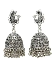 NVR Women's Silver-Toned Peacock Design German Silver Oxidised Dome Shaped Jhumka Earrings (NVR2499-Silver)