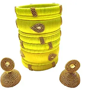 thread trends Festive Offer: Handcrafted Designer Silk Thread Bangles with Jhumka for Women in Different Colors (Lemon Yellow, 2.6)