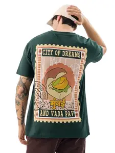 The Souled Store 100% Cotton Vada Pav Men & Boys Short Sleeve Round Crew Neck Green Graphic Printed Oversized T-Shirt