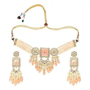 Jewellity Pink Kundan Meenakari Choker Necklace With Earrings Set | Traditional Fancy Jewellery For Festive, Engagement, Wedding, Anniversary For Women And Girls NSK-5124