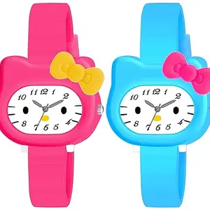 Time Up Analog Dial Cute Kitty Dial Design Combo of 2 Kids Watches for Girls & Boys (Age: 3-10 Years)-KITTYAQ-HP (Hot Pink-Sky Blue)