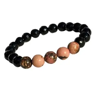 RRJEWELZ Natural Rhodonite & Black Agate 8mm Round Shape smooth & faceted Cut Beads 7.5 Inch Stretchable Bracelet for Men & Women.|STBR_RR_08191_7.5