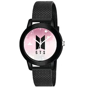 AROA Watch for Womens with BTS Army Logo with Cute Stars Model :517 in Black Metal Type Rubber Analog Watch Pink Dial for Women Stylish Watch for Girls