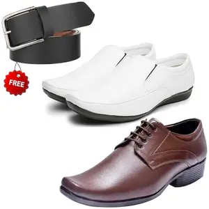 Unique Trendy Formal Shoes/Party Shoes/ 2 Shoes Combo with Free Belt for Men and Boys (BAZAAR8233_VTR004-Brwn-2007-Bdr) Multicolor