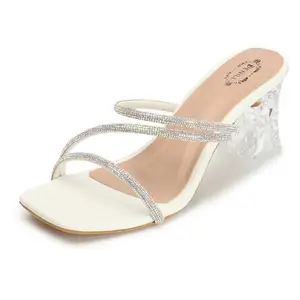 Denill Women Crystal Block Heels (White) UK-4