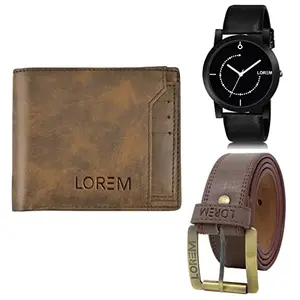 LOREM Mens Combo of Watch with Artificial Leather Wallet & Belt FZ-LR49-WL24-BL02