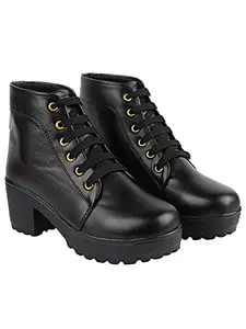 Shoetopia Womens/Girls Black Platform Heeled Classic Solid Boots