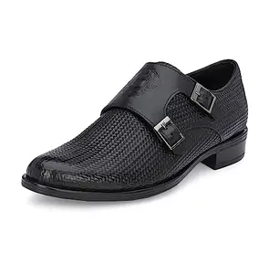 HITZ Men's Black Leather Doble Monk Semi-Formal Shoes - 6