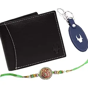 WildHorn Rakhi Gift Hamper for Brother - Classic Men's Combo/Gift Set of Leather Wallet, Keyring and Rakhi for Brother (Black)