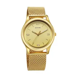 Sonata Traditional Essentials Quartz Analog Champagne Dial Stainless Steel Strap Watch for Men-77082YM13