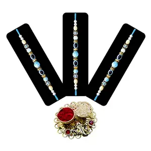 Natali Traders Evil Eye Rakhi Set of 3 - Rakhi for Brother with Roli Chawal Chopra - Good Luck Rakhi - Designer Rakhi - Stone Rakhi (3)