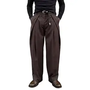 FUGAZEE Coffee Brown Korean Pleated Trousers | Straight Fit with Button Closure