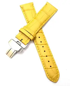 Ewatchaccessories 24mm Genuine Leather Yellow Watch Band Strap for Men and Women | Comfortable and Durable Material | Deployment Silver Buckle-Y4