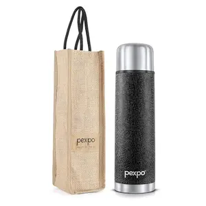 Pexpo Thermosteel Flip Lid Flask Flamingo, 1000 milliliters, Black | Stainless Steel Bottle with Jute Bag | Leak Proof | Travelling | School | Office | Men,Women & Kids