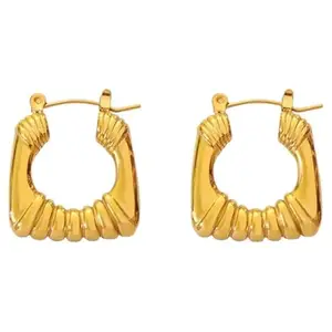 KRYSTALZ Latest Small Square Gold Hoops | Stainless Steel Geometric Gold Plated Hoop Earring | Minimalist Grooved Bamboo Ridges Design Hoop Earrings for women & Girls
