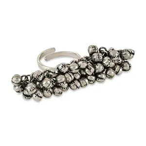 I Jewels Ethnic Silver Oxidised Adjustable Finger Ring Embellished With ghungroo For Women And Gilrs (FL221OX)