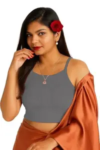 Readymade Fitted Saree Blouse for Women Sleeveless Square Round U Neck Regular fit Stretchable Pullon Ribbed Tank Crop Top NG72 1002 XS DGY Dark Grey