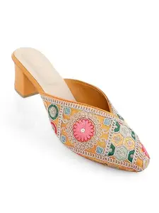 V-WALK Women Slip-On Anti-Skid Embellished & Embroidered Backopen Block Heels | Ethnic, Festive Occasions, Shopping, Outdoor Heel Sandals for Women | Heel Height: 2.5 Inches | Mango