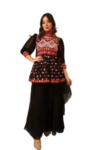vivaraa fashion Women's Black Ethnic Motifs Thread Work Kurti with Skirt and with Dupatta - Black | Z52_Black_XS_New