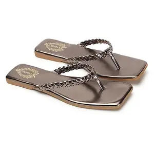 DIPYO Casual Trendy T-Strap Shine Flat Sandals For Women & Gils | (Grey, 37)