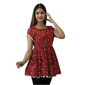 Generic Casual Bell Sleeves Printed, Floral Print Women Top/Pretty Fashionista Women Tops & Tunics (Small, RED)