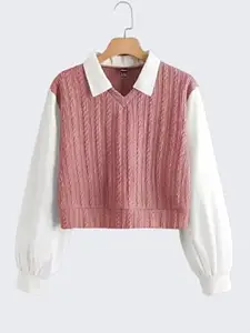 Regular Fit Collared Knit Top for Women, Long Sleeve Casual T-Shirt, Black and White, Rib-Knit Material, Korean Trendy Style