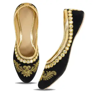 IndieStride Women's Jutti Velvet Bellies Juti Mojari Shoe,Gold, Size 7