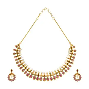 Kushal's Fashion Jewellery Ruby Gold Plated Ethnic Antique Necklace Set - 410223