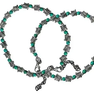 AyA Fashion Blue Oxidised German Silver Tortoise Beads Anklet for Women